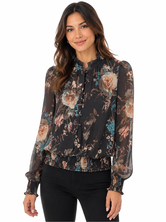 Tamara H Tops - Tamara H Black Floral Sheer Smocked Ruffle Button Blouse L Cottagecore‎ Feminine